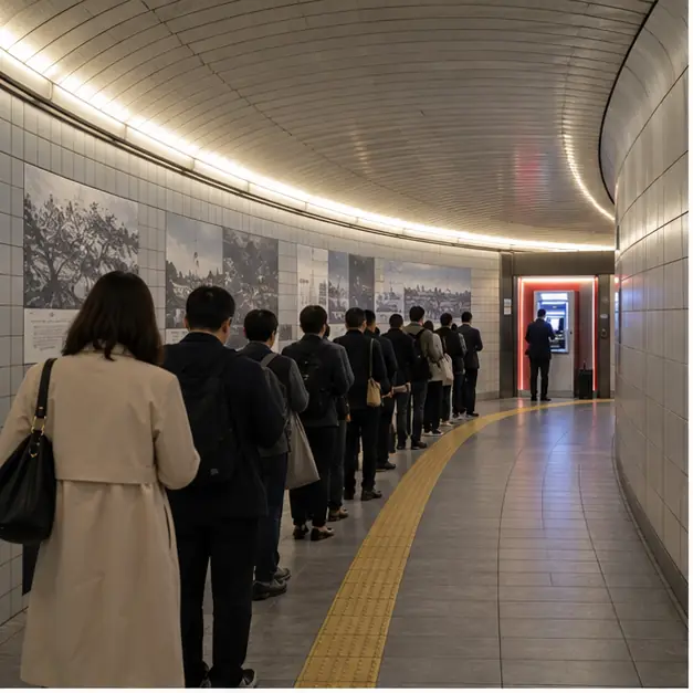 日本のATMに並ぶ人々